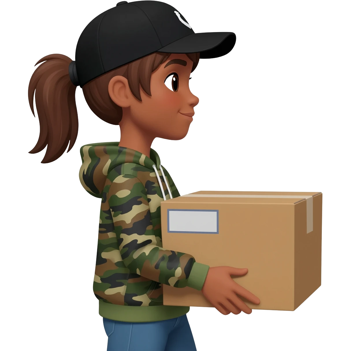 A tan skin girl with short hair tied back in a pony tail wearing a bblack aseball hat and a camo hoodie carrying a box emoji