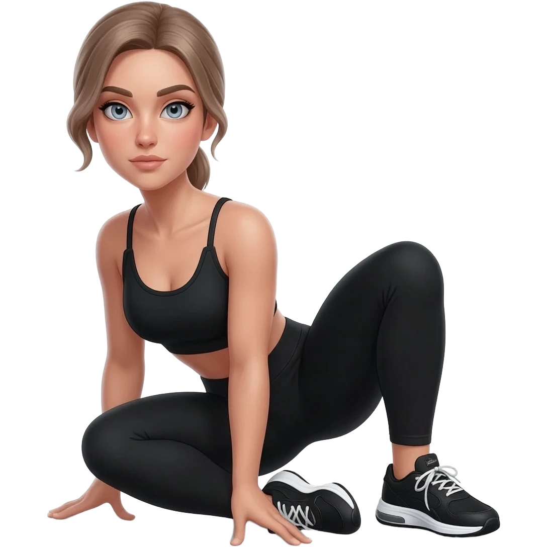 shoulder rolls, fair-skinned woman, light gray-blue eyes, ash brown brows, ash light brown hair tied back, slim athletic body, black workout set, black sneakers with white soles emoji