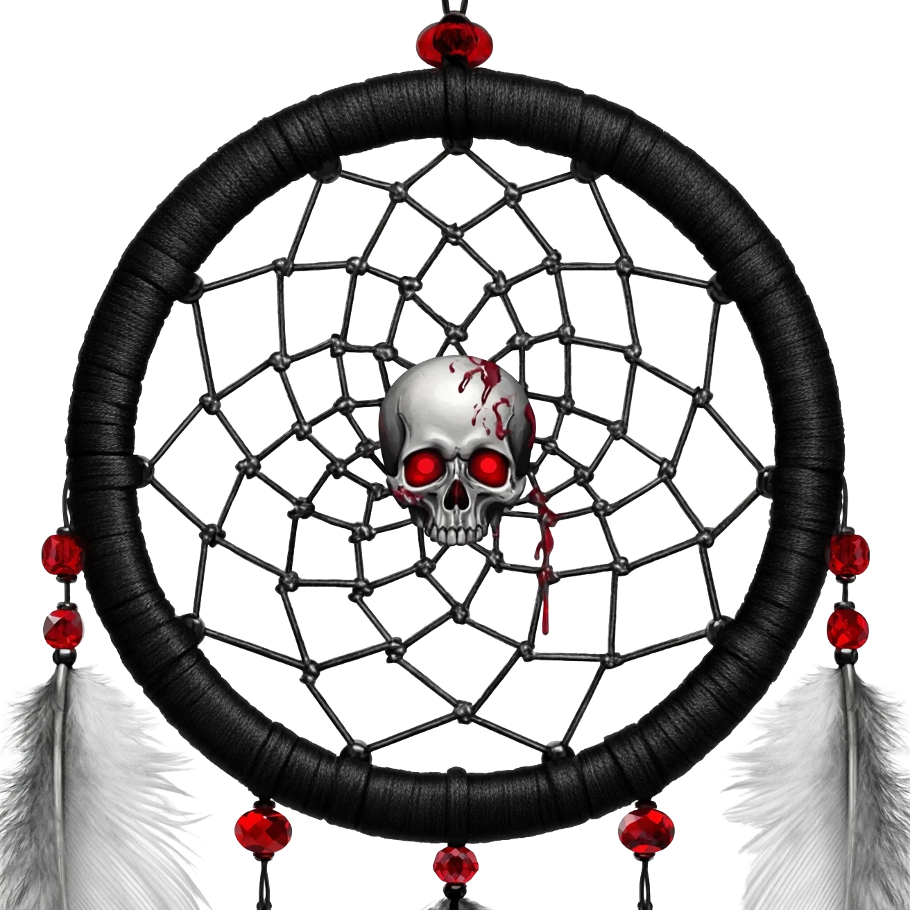 Blood-red, bloody, obsidian-black, edgy, dream catcher, red gemstones, black wires, black threads, skull, white feathers, badass, evil, gorgeous aesthetic, gothic decor emoji