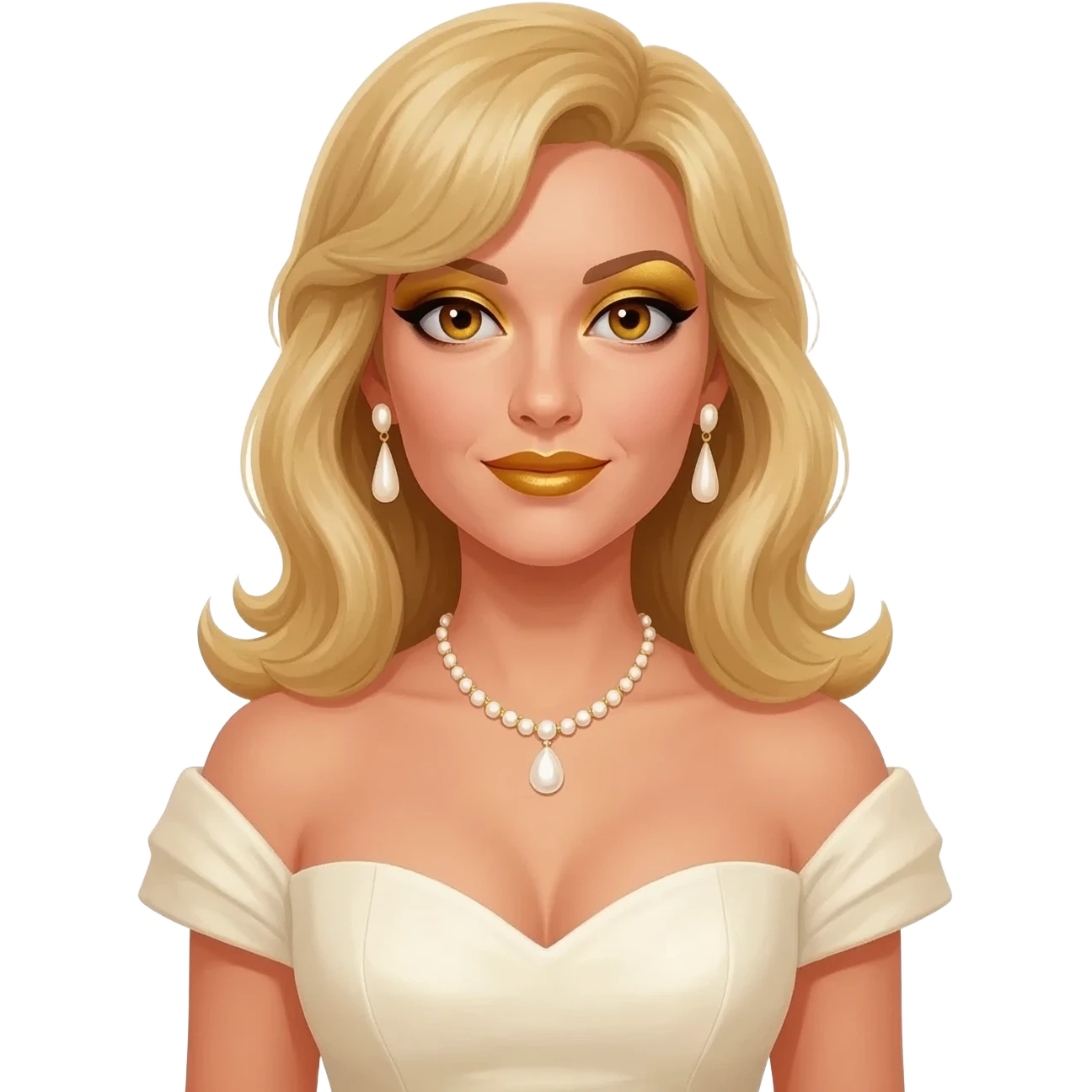 Honey Ryder from James Bond Series with hazel eyes, long blonde hair, gold eyeshadow and lipstick, ivory sweetheart dress, ivory necklace and earrings emoji