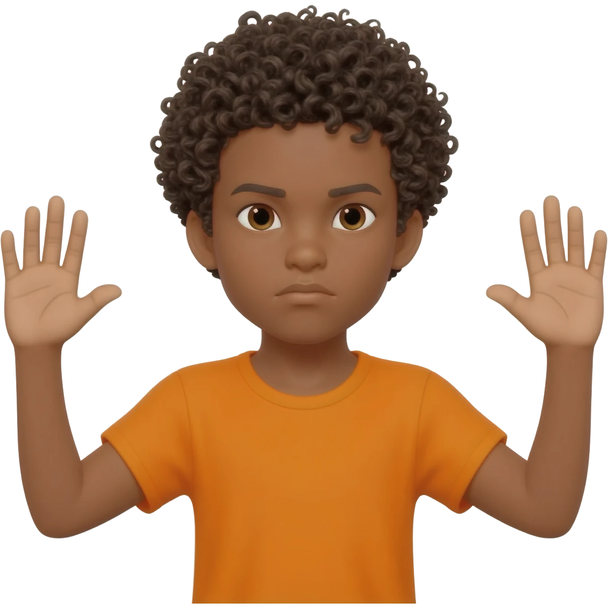 black boy curly hair orange shirt stop hands up serious face emoji