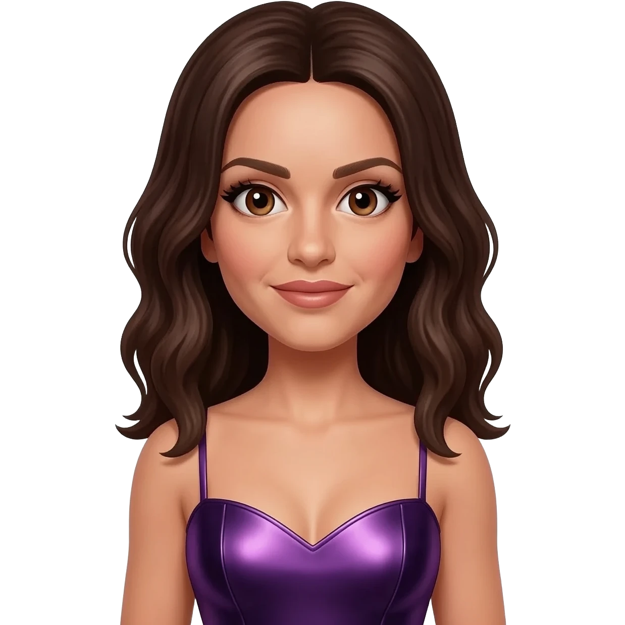Posh Spice from Spice Girls with brown eyes, dark brown hair, dark purple metallic sweetheart dress emoji