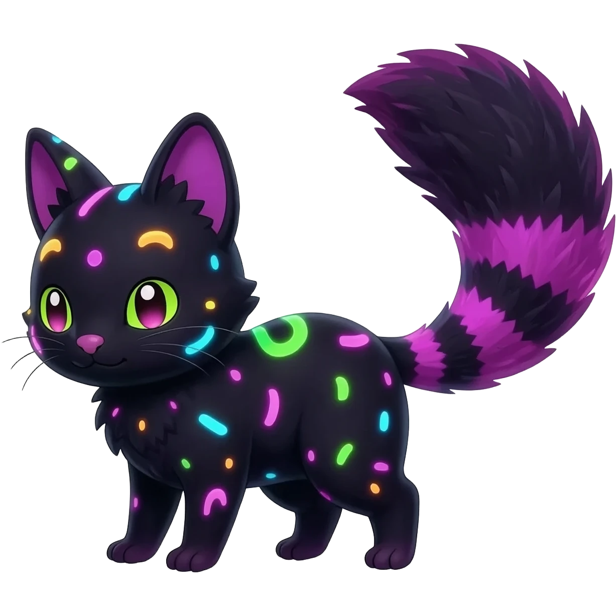  cute adorable pitch-Black-coated fur with glowing bioluminescent random colorful neon-markings divine beautiful elegant pretty precious cute young youthful  Fakémon-Pokémon-alien-opossum-feline-serval-caracal-chinchilla-Minccino-hybrid-creature with a big fluffy bushy striped tail (full body) emoji