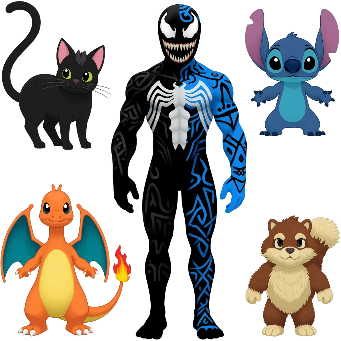 Black and Blue Venom-Cheshire-Stitch-Charizard-Salandit-Sneasel-fusion, full body, tribal markings  emoji