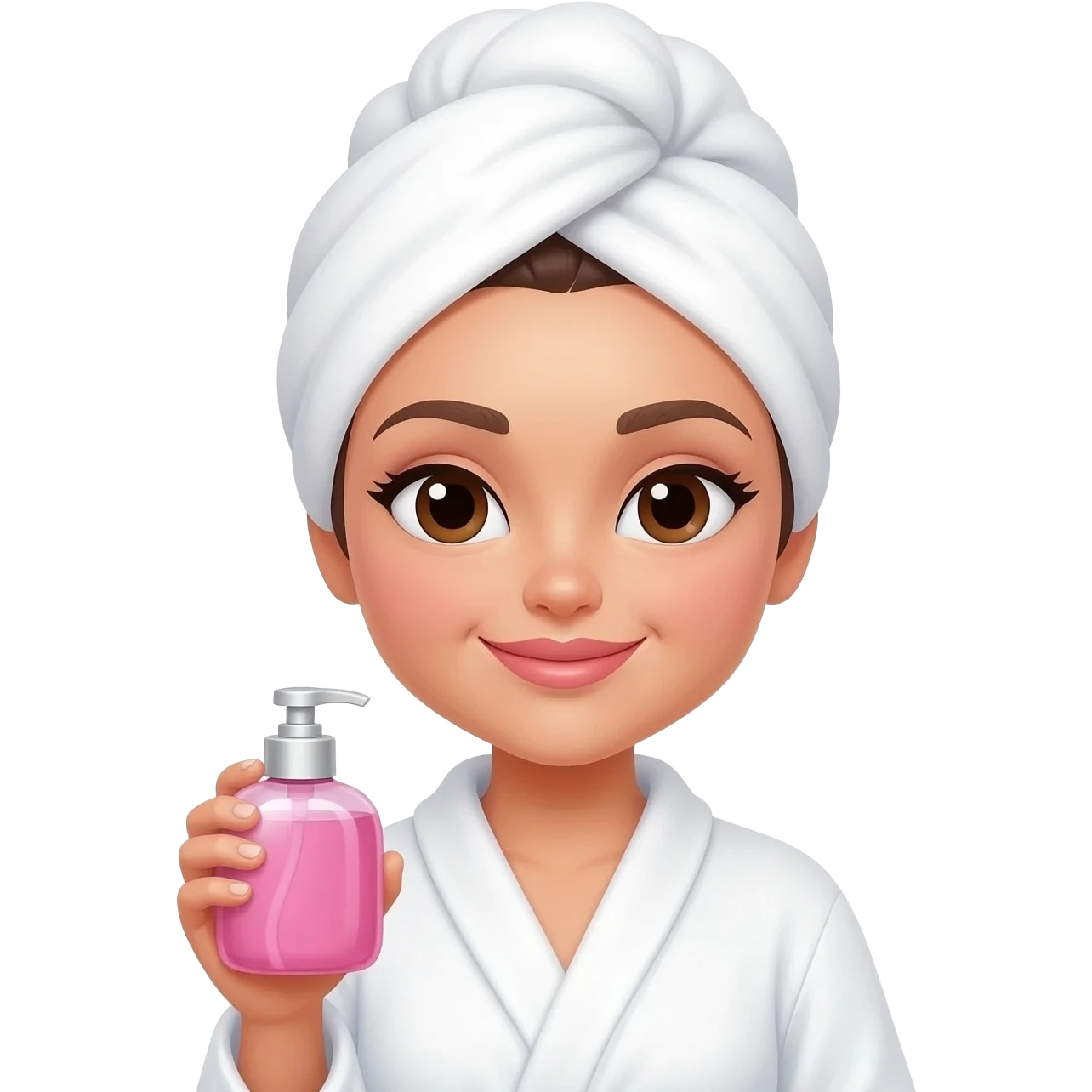 Emoji feminino com toalha de banho na cabeça e roupão, segurando um sabonete líquido rosa emoji