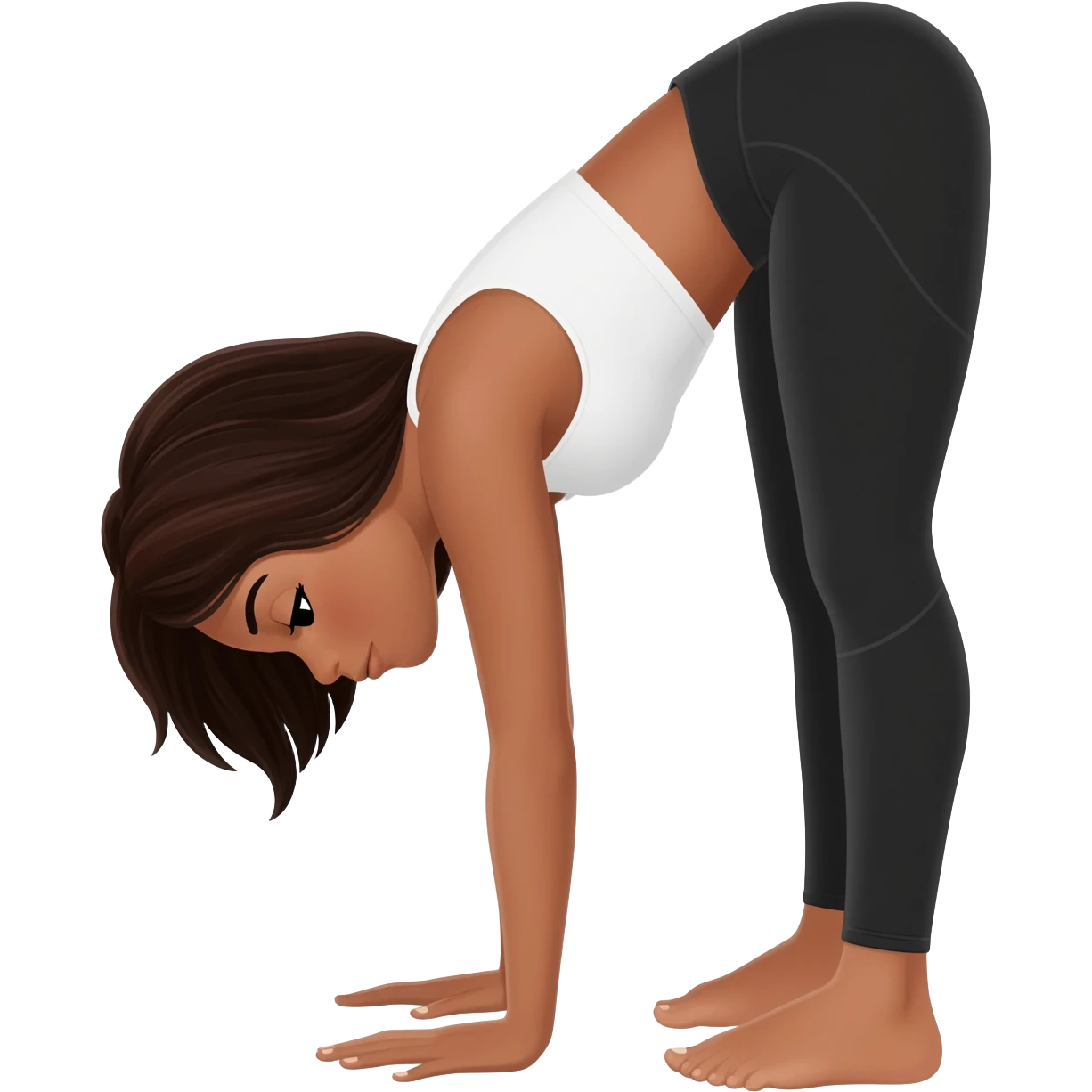 Девушка белокожая с правильными пропорциями тела стоит в позе собака мордой вниз, только человек, с длинными темными волосами, в коротком белом топе, в черных лосинах, с черными ресницами emoji