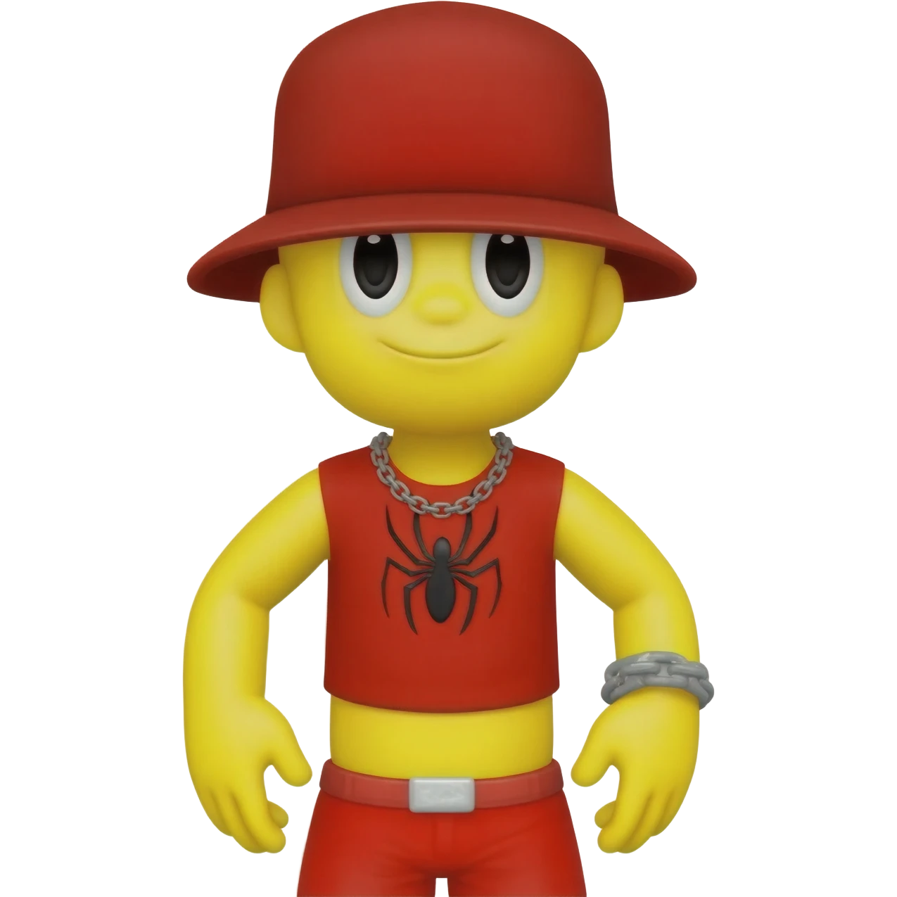 Make a yellow character with a black spider eye and a red top and shorts and a grey spider chain and a red hat emoji