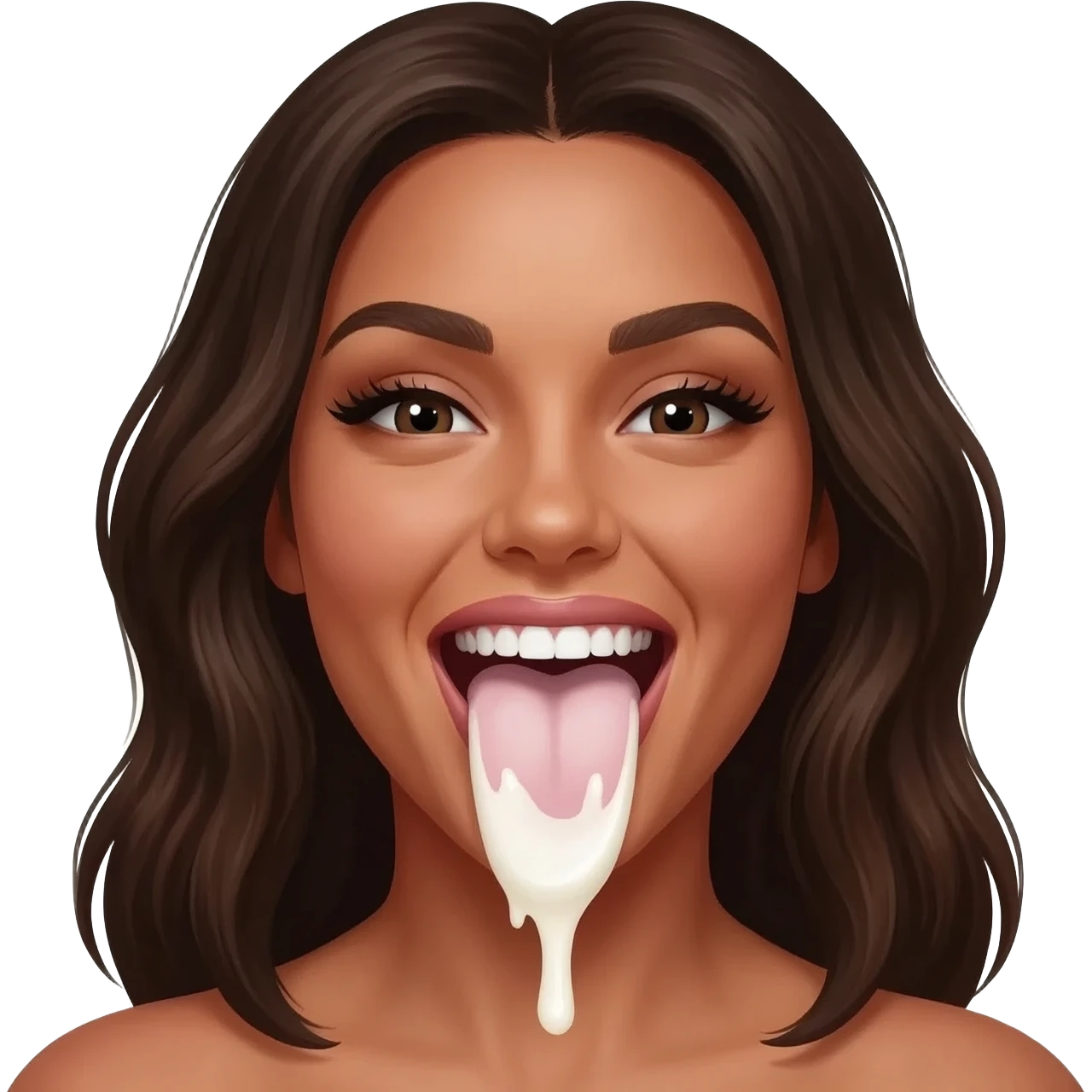 Belle Delphine mouth wide open smiling tongue out viscous thick white liquid on her tongue emoji