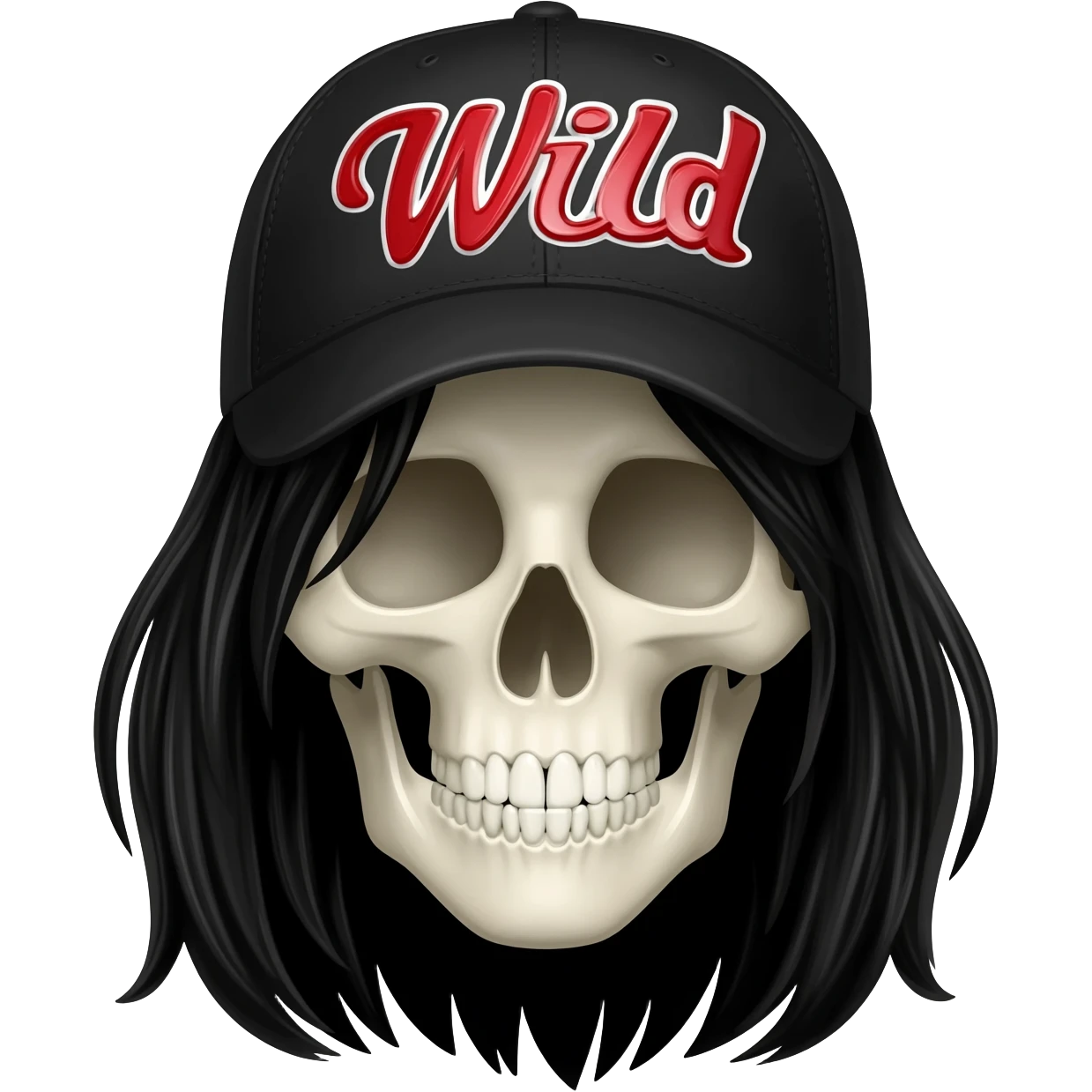 Create a skeleton head wearing a black baseball cap that says "Wild" in red, and white lettering, with long black hair emoji