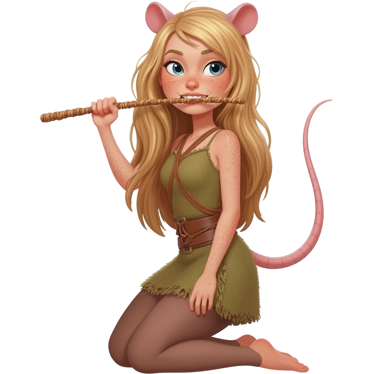 pretty woman with rat tail and rat ears have blond long hair and freckles. she is on her knees and hands and holding the wicker in her teeth emoji