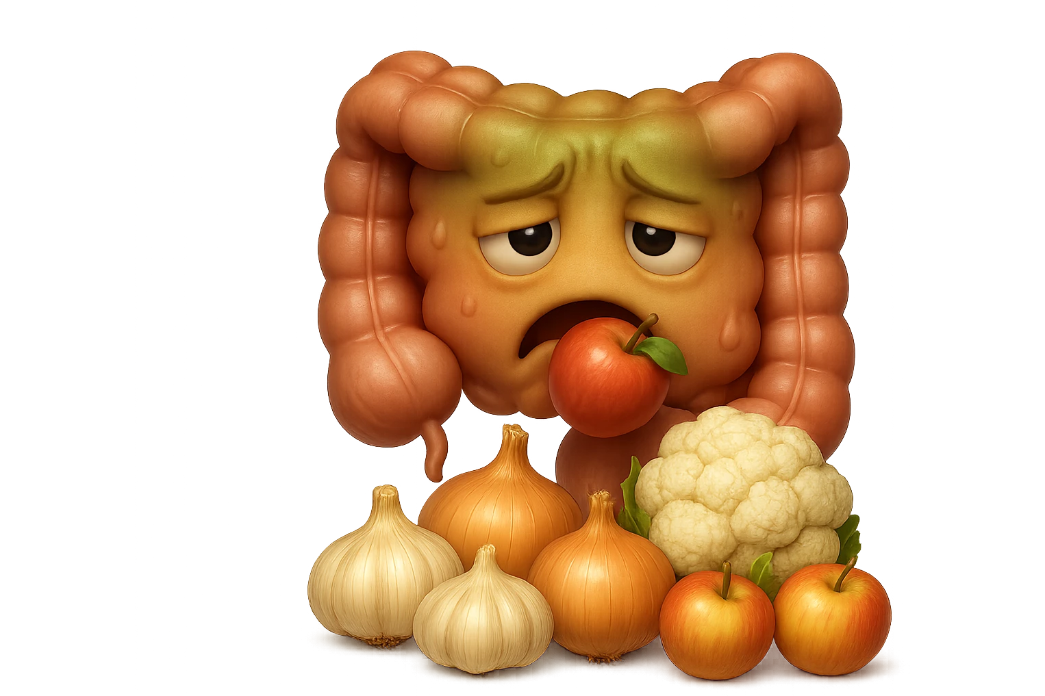 EMOJI STILE IPHONE DI UN INTESTINO UMANO IN CRISI PERCHé STA MALE, IN BOCCA HA UNA MELA E DAVANTI A LUI C'è UNA MONTAGNA DI aglio, cipolle, cavolfiore e mele, IPERREALISTICO 4K emoji