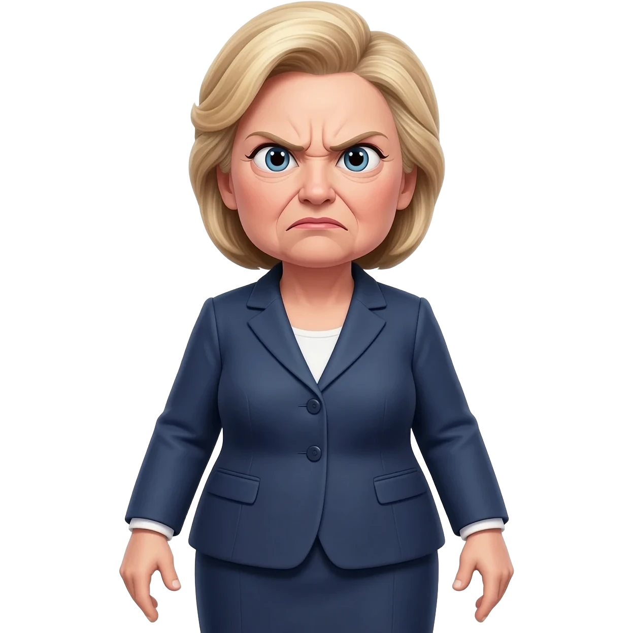 An old fat Hillary Clinton full body in a dress suit with blonde hair and an angry face, full body in a realistic style emoji