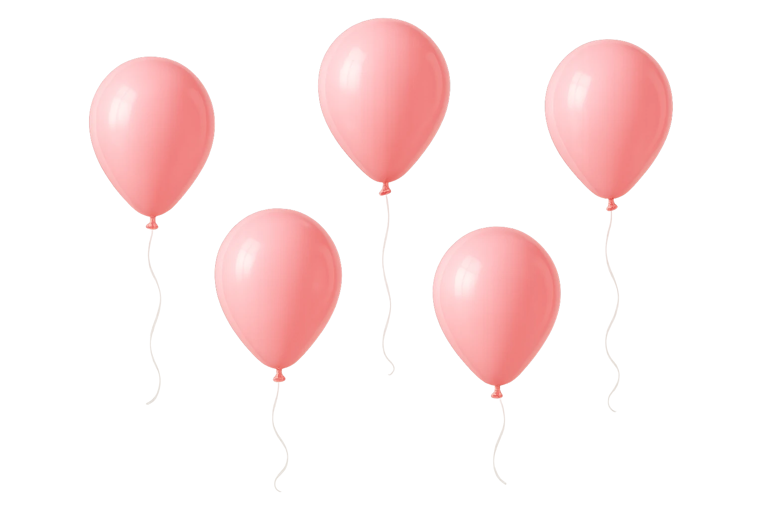 5 palloncini rosa fluttuano in aria isolati su sfondo bianco, iperrealistico 4k emoji