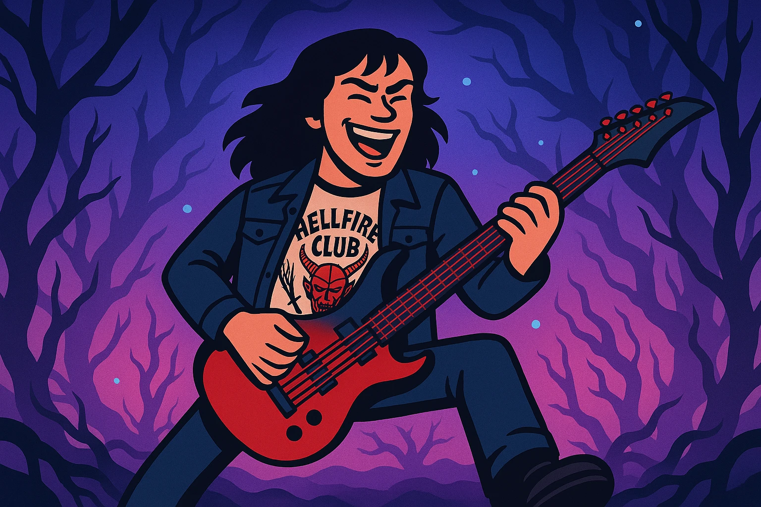 Eddie Munson from Stranger Things in the Upside Down, mixing vibrant toon style with bold comic book outlines, wide aspect ratio (16:9), dramatic supernatural background, dark and defined contours. emoji