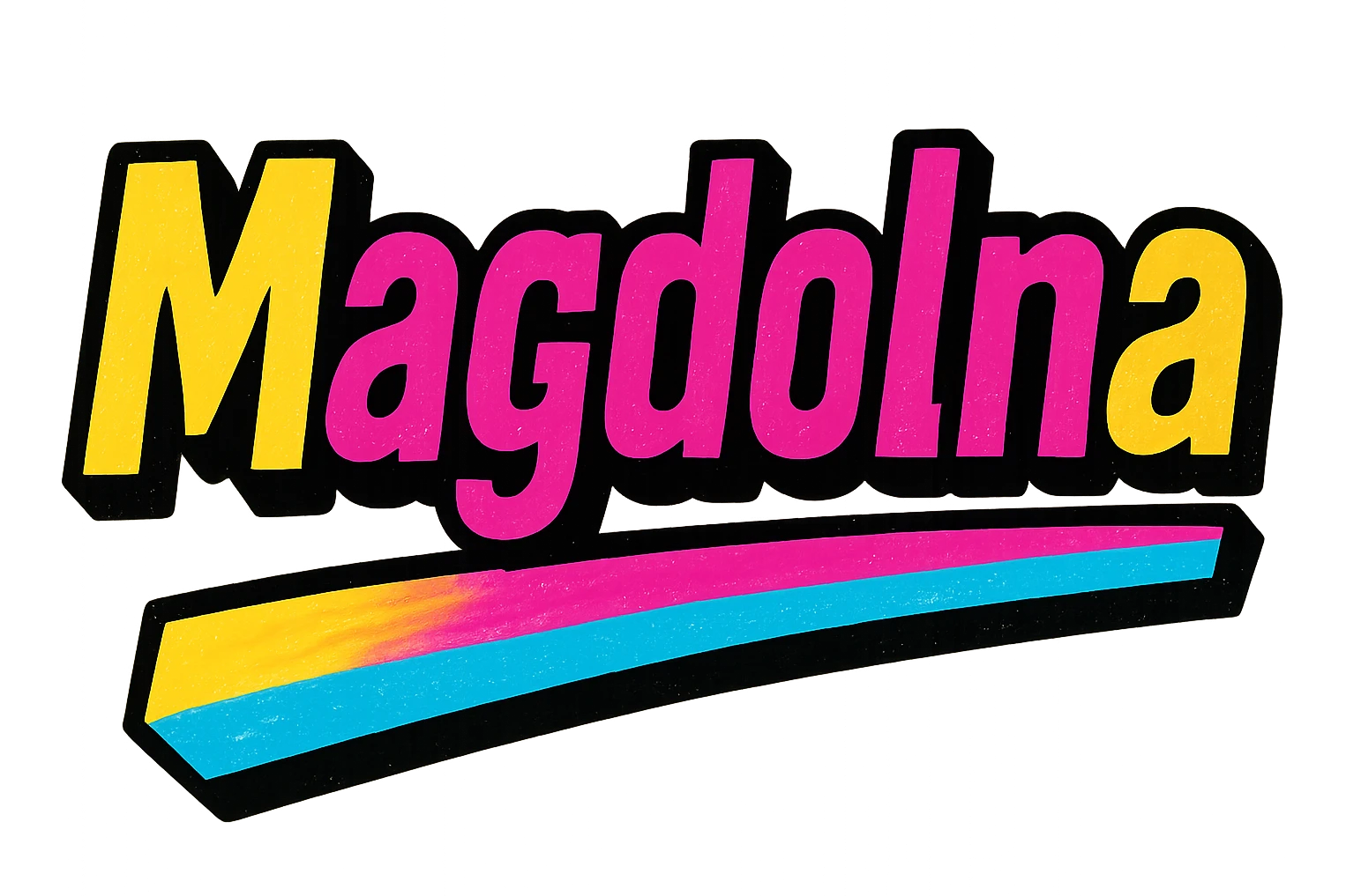 Magdolna name in modern colorful gradient font with dark outline, dynamic slanted or partial underline, transparent background, in the style of reference patterns emoji