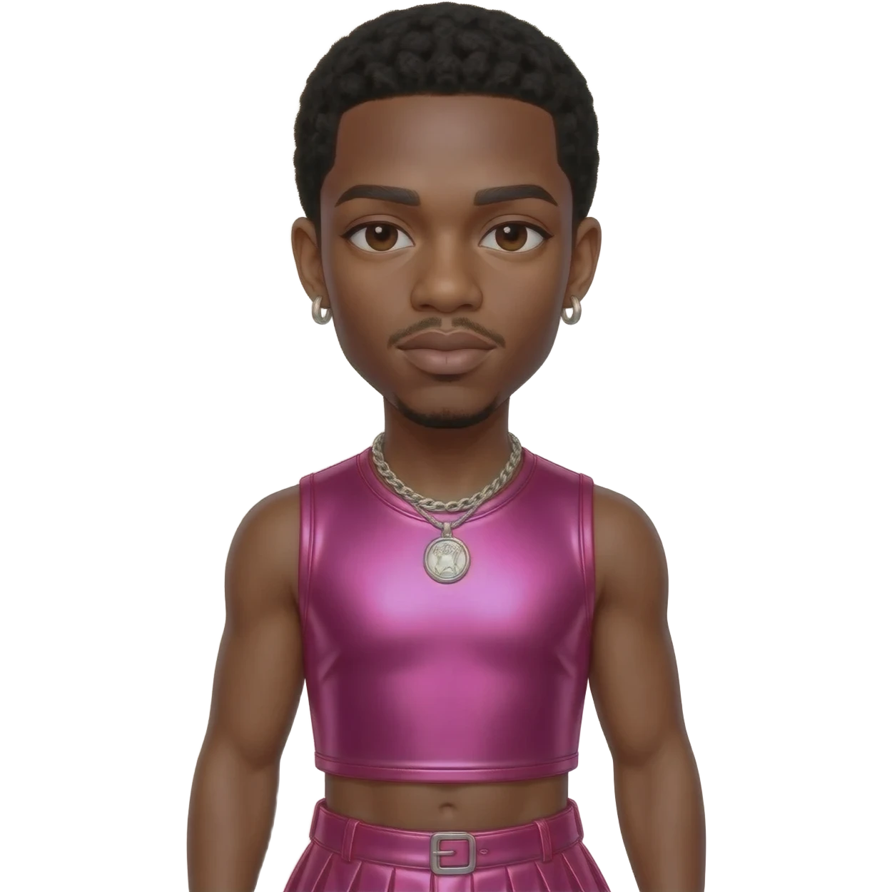 Lil Nas X with dark brown eyes, black hair, hot pink metallic sleeveless crop top, hot pink metallic skirt, silver necklace and short earrings emoji
