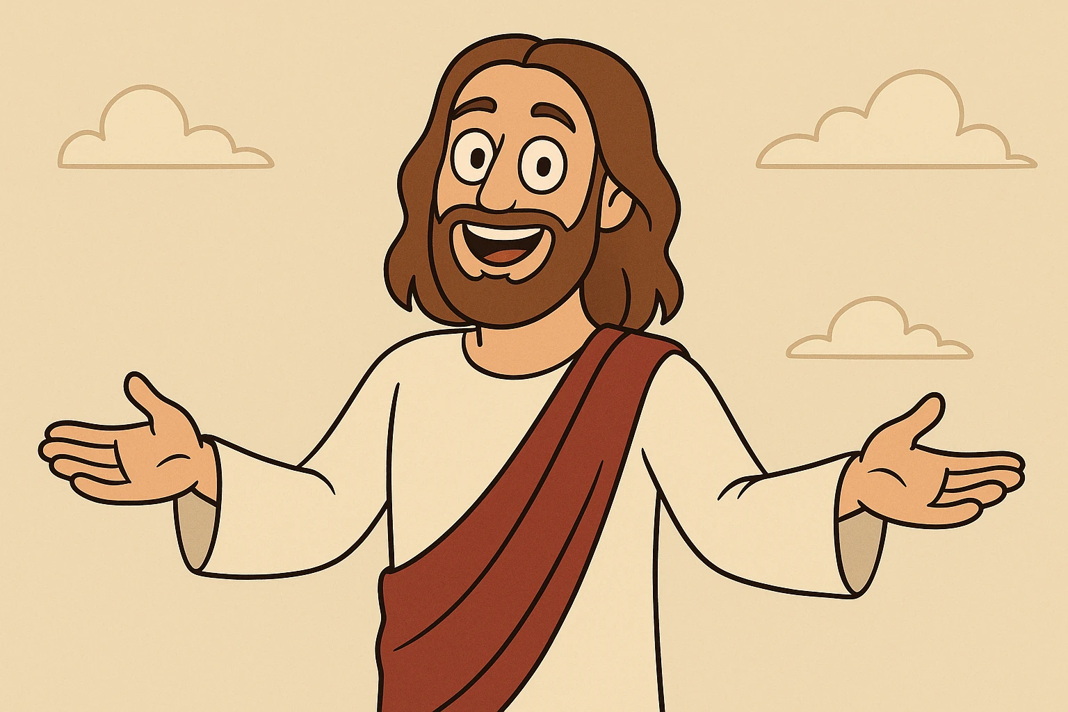 modern cartoon style Jesus, smiling, open arms, simple background emoji
