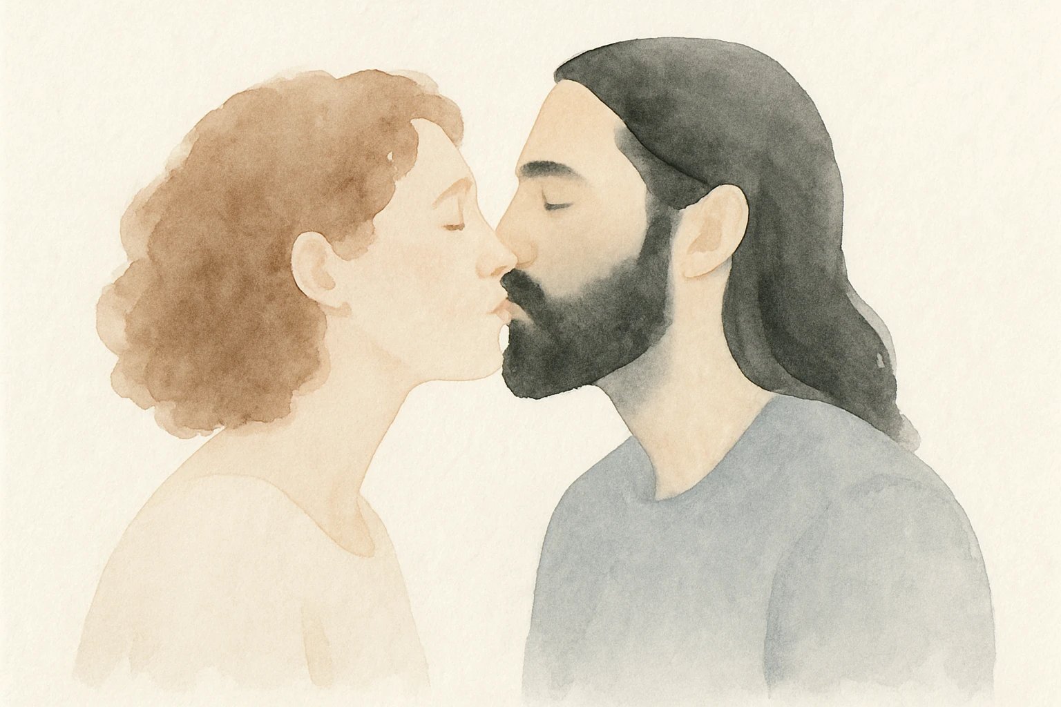 watercolor style of a mixed couple, white woman with curly brown hair and white man with long hair and black beard kissing, soft atmosphere emoji