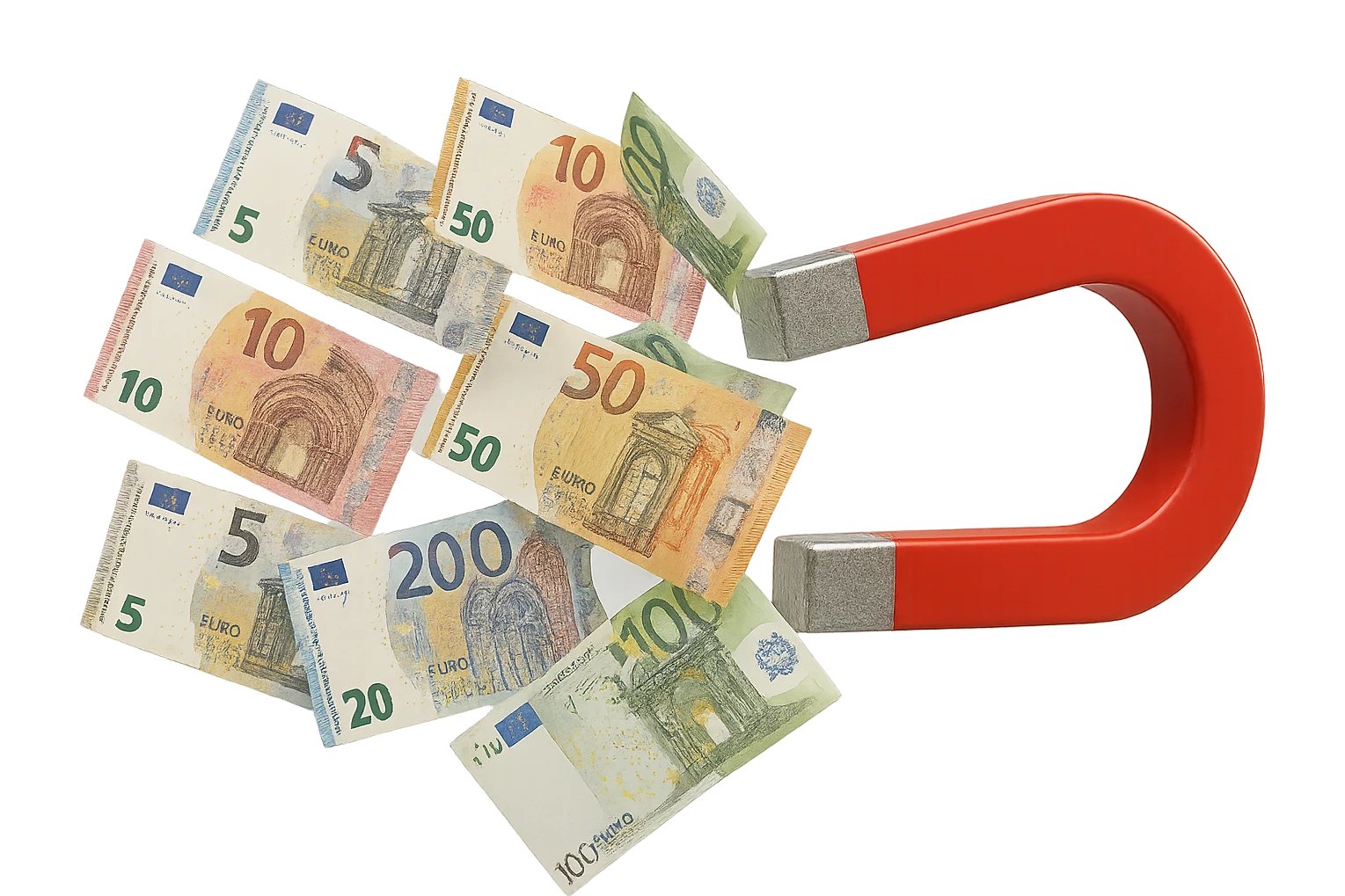 banconote di euro fluttuano vicino ad una calamita rossa, sono attratte, iperrealistico 4k emoji