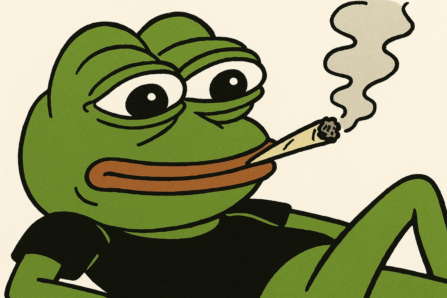 pepe the frog in a black shirt, lying back and exhaling smoke from a joint emoji