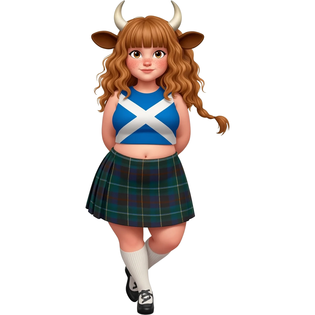 buff curly woman with frecles with light brown messy hair with straight bangs covering her eyes with brown cow tail with fat thights with cow horns and cow brown ears with big butt in a short scottish kilt with extra large breasts dressed in crop top with scottish flag stands with crossed legs emoji