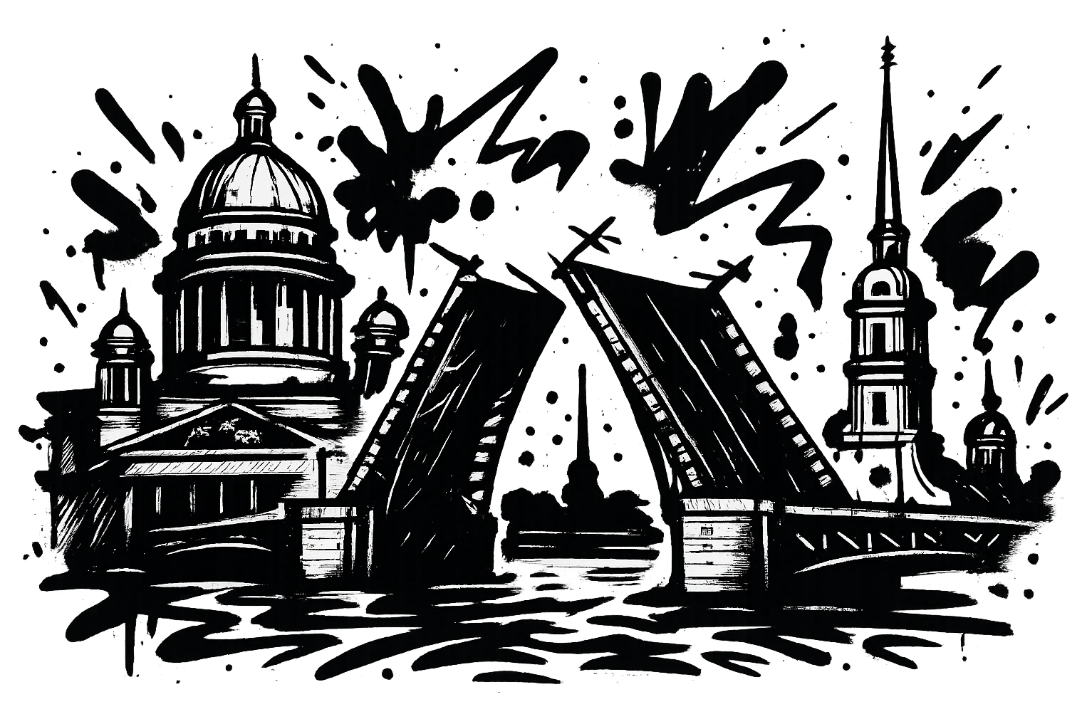 Сделай png рисунок Санкт-Петербурга в стиле граффити. Граффити черно-белое. Надписи не делай.  emoji