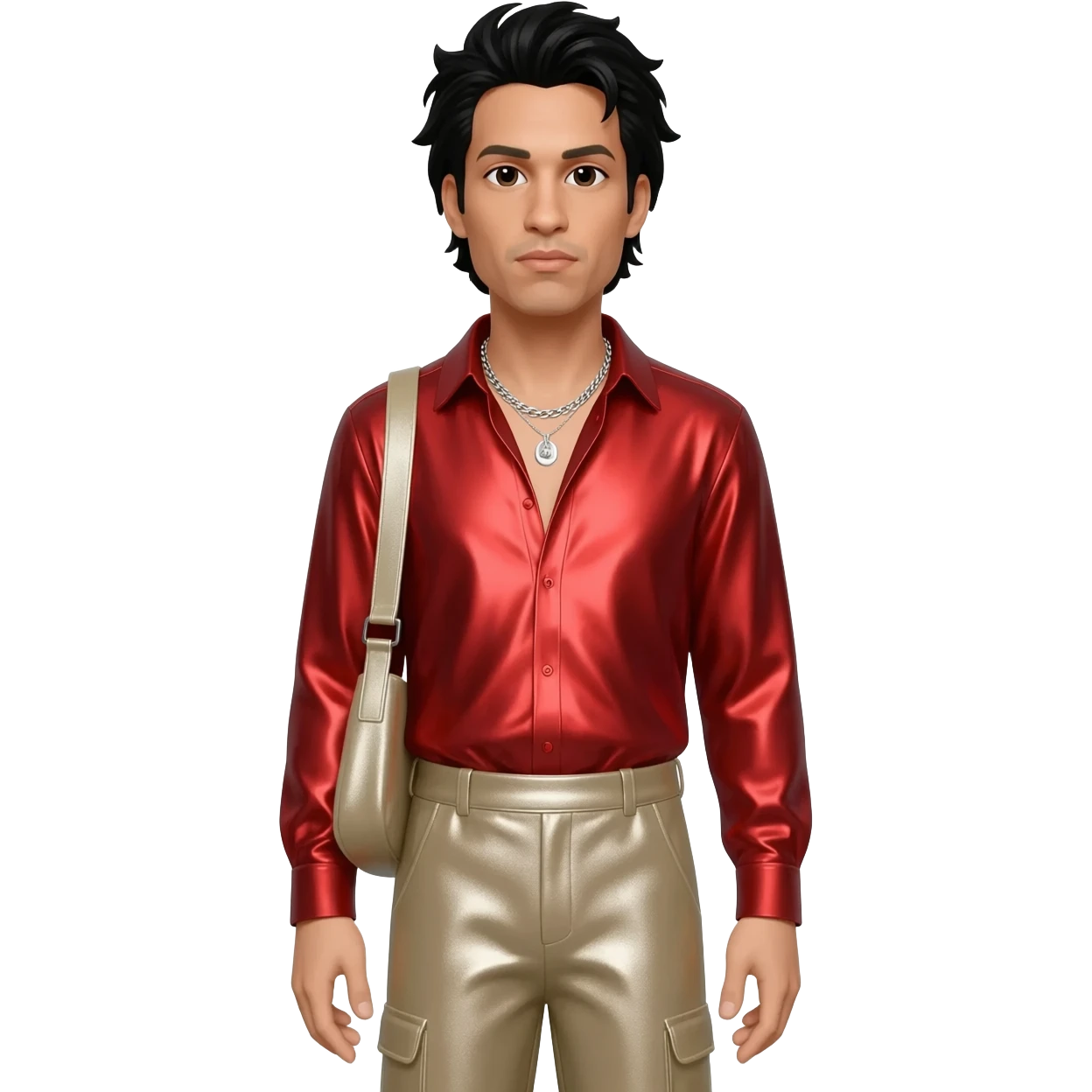 Chino Moreno with black hair, red metallic shirt, beige metallic baggy pants, silver necklace emoji
