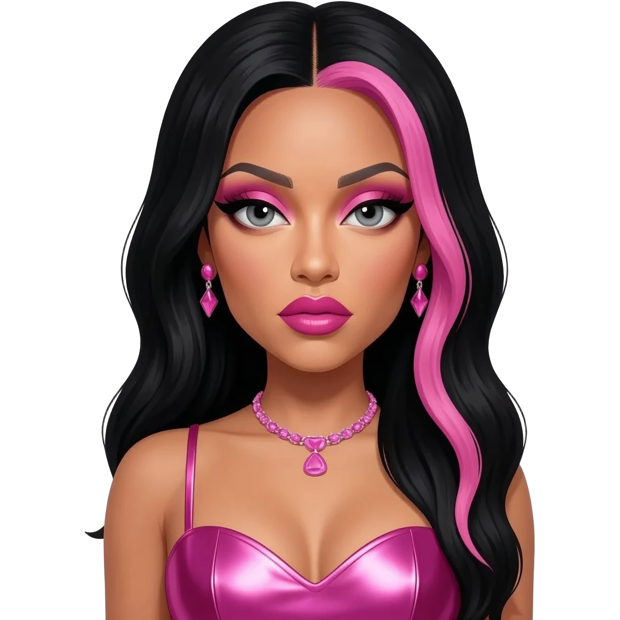 Nicki Minaj with grey eyes, long black hair with pink highlights, pink eyeshadow, hot pink lipstick, hot pink metallic sweetheart dress, pink necklace and earrings emoji