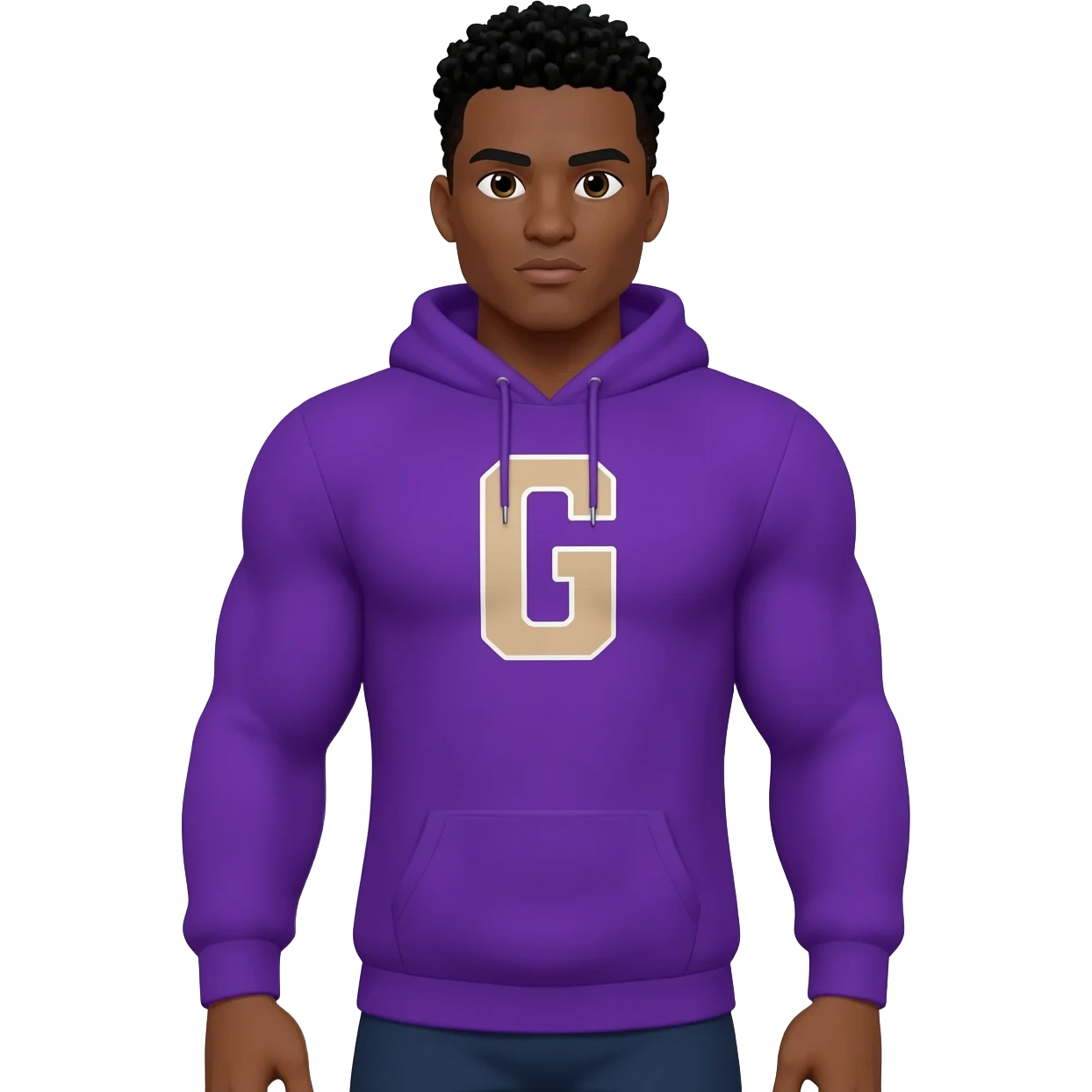 Black male look superstrong purple hoodie and beige short letters G black g armsbi hair full body emoji