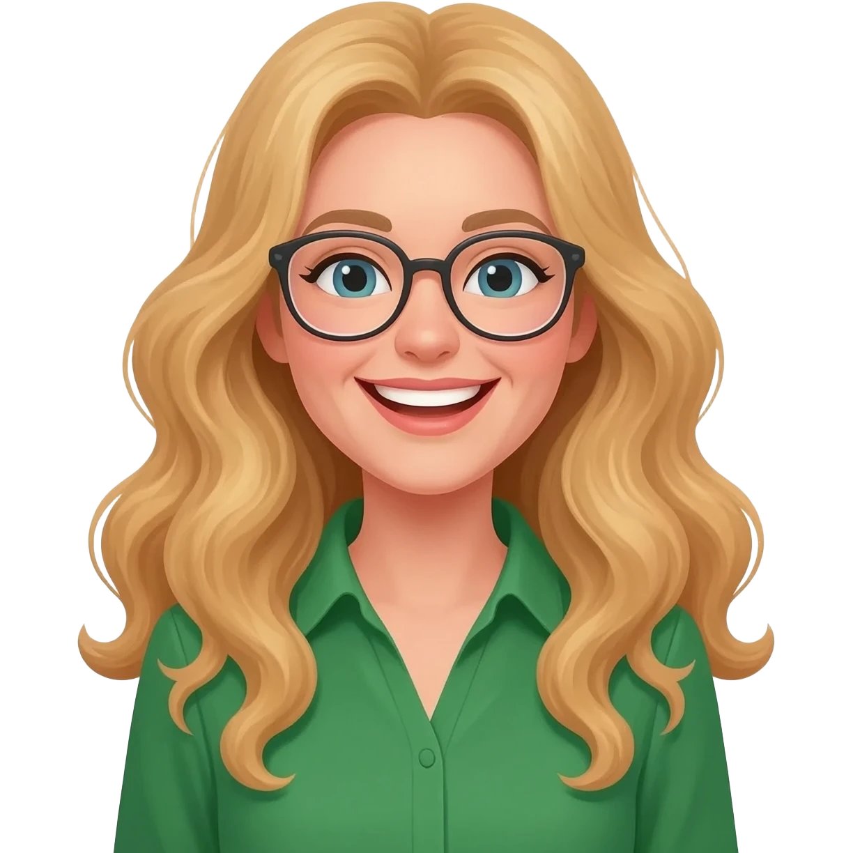 green shirt happy birthday woman with long curly blonde hair an glasses emoji