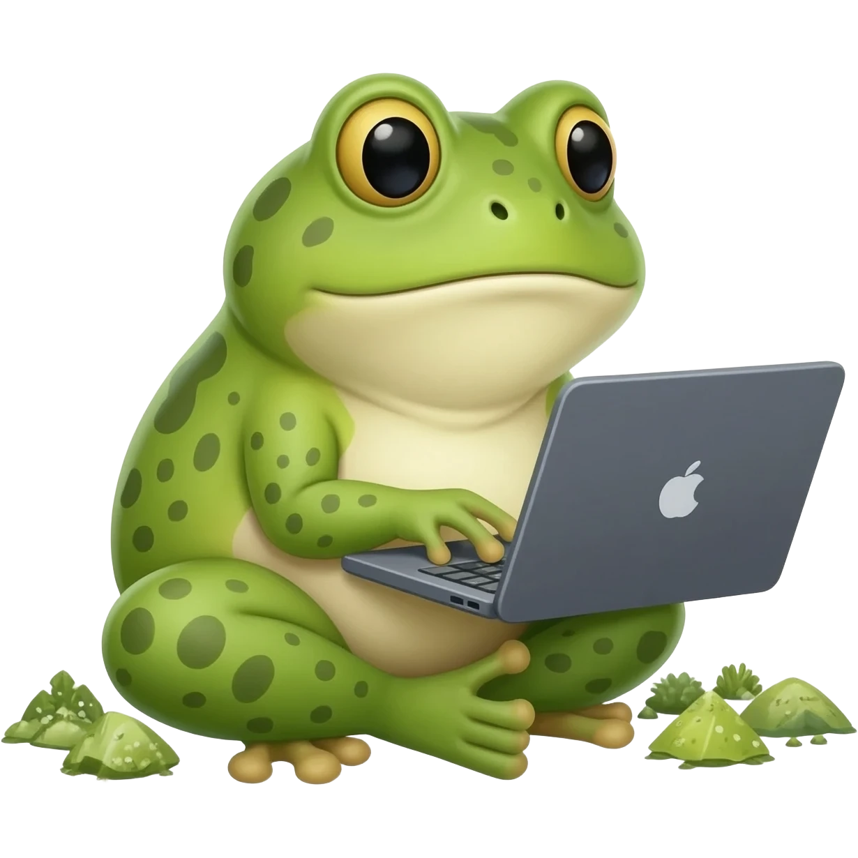 Bufo frog meme working at a laptop but maintain the bufo the frog meme look and do not generate a new style of from emoji