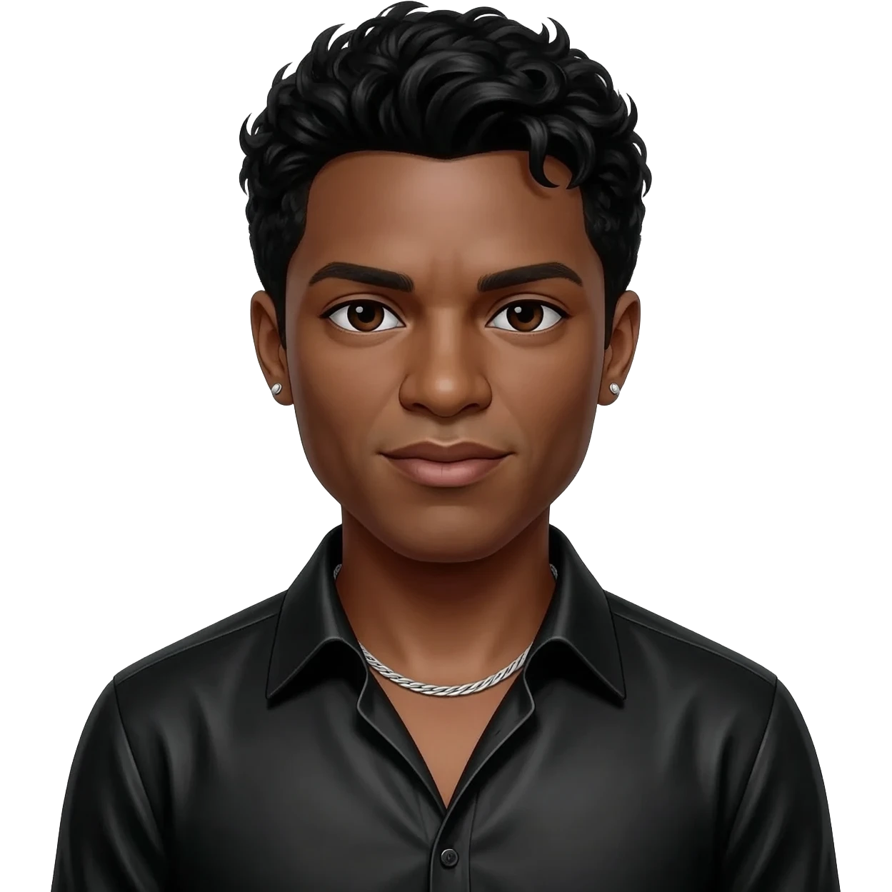 Gerald Levert with dark brown eyes, black hair, black metallic dress shirt, silver necklace and short earrings emoji