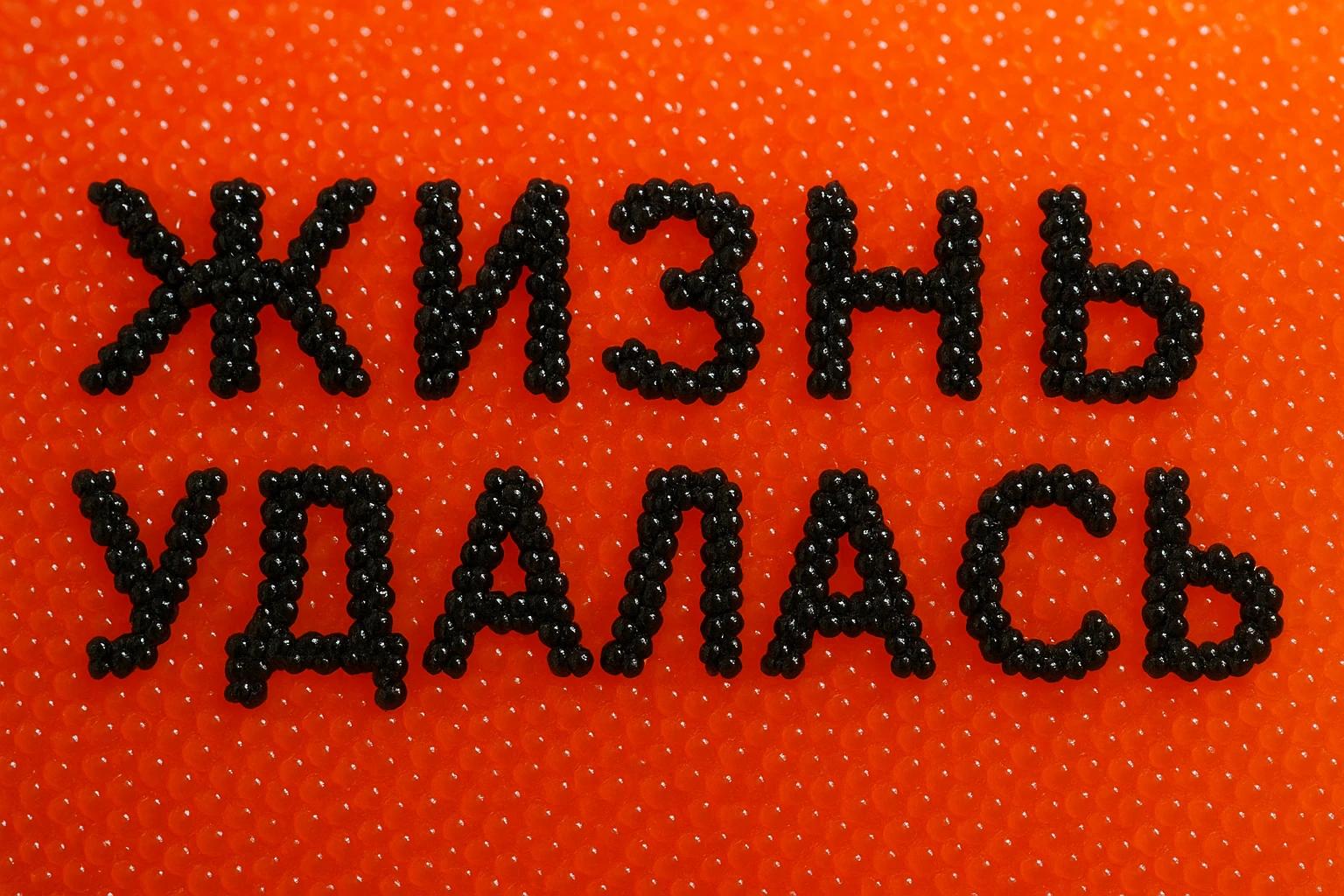 Надпись Жизнь удалась сделанная чёрной икрой на фоне красной икры в одну строку  emoji