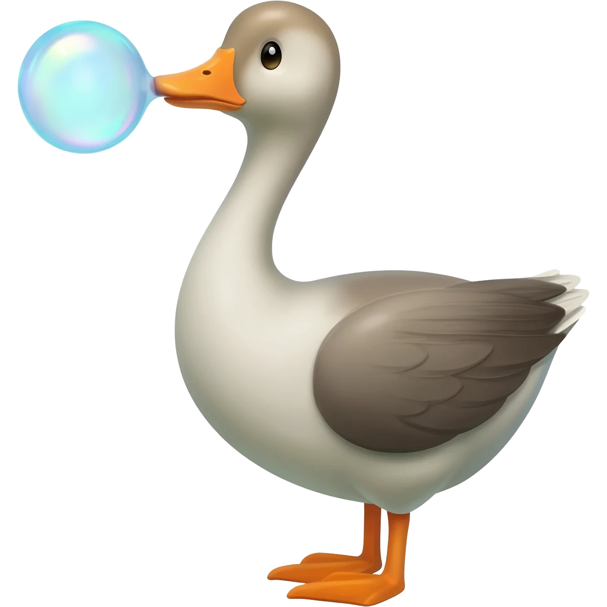 Create an emoji of a goose happily blowing soap bubbles. The goose should look friendly and playful, and the bubbles should be bright and shiny. Please add some color and details to make the image more appealing. emoji