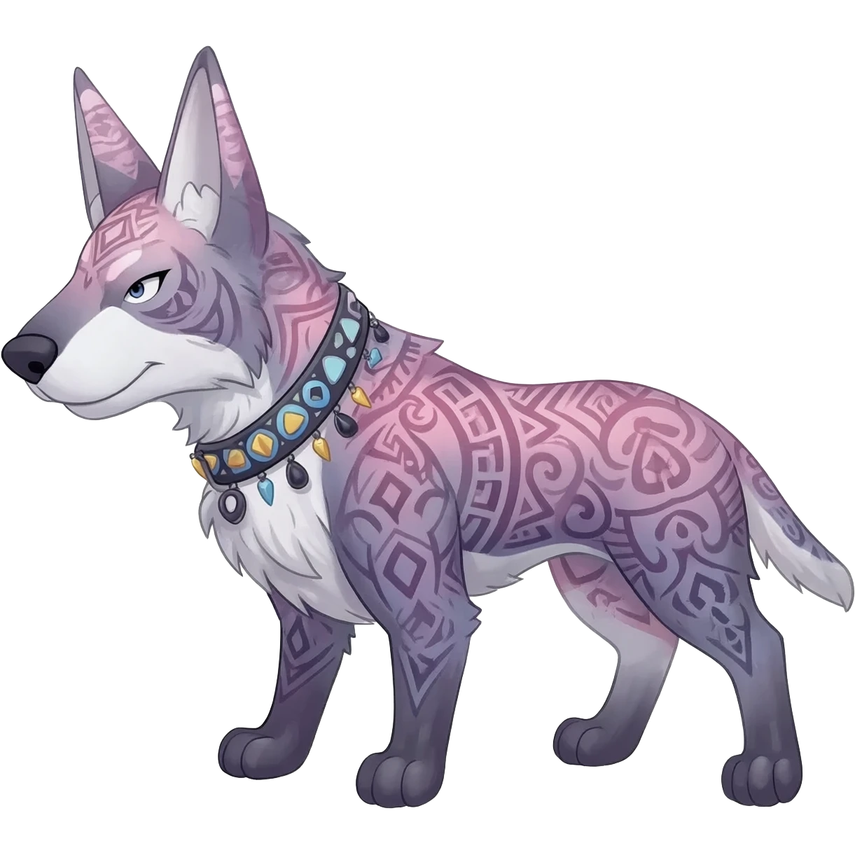 Rare white exotic cute epic aesthetic gothic colorful Salandit-Litten-Furfrou-Houndour-Civet-species-Fakemon-hybrid-creature, with a collar, and with intricate tribal markings, full body emoji