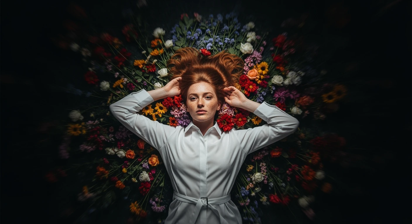 Camera drom top, Motion blur Extreme Closeup photo of a beautifull woman lay around beautifull colorfull flowers, cinematic light, 8K, very detailed, sharp, depth (foreground, midground, background) Spotlight, dark environemnt emoji