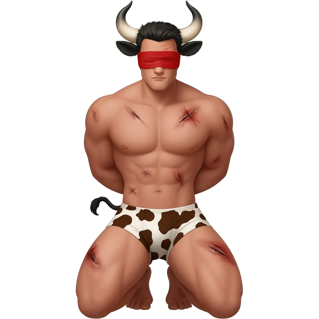 handsome extra large muscular man covered with scars with large breasts with bull horns and cow ears and bull tail with red blindfold dressed in thongs with brown cow print with big bulge sits on his knees with hands tied behind the back front view emoji