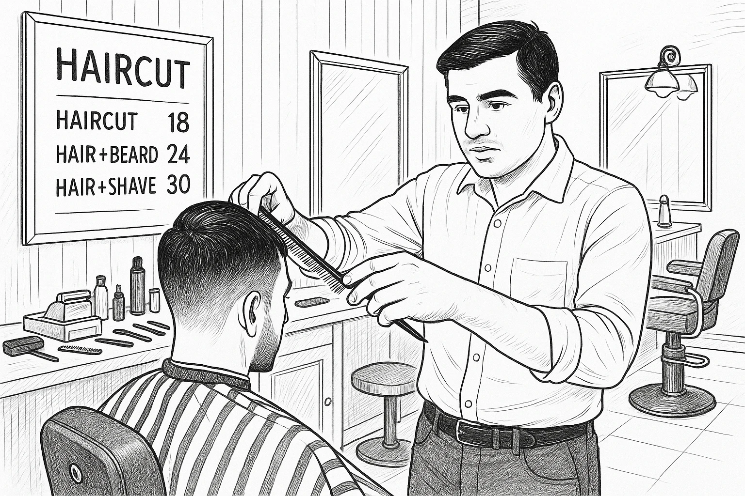 Draw me a sketch of the barbershop, but make sure there's a cash register there. emoji