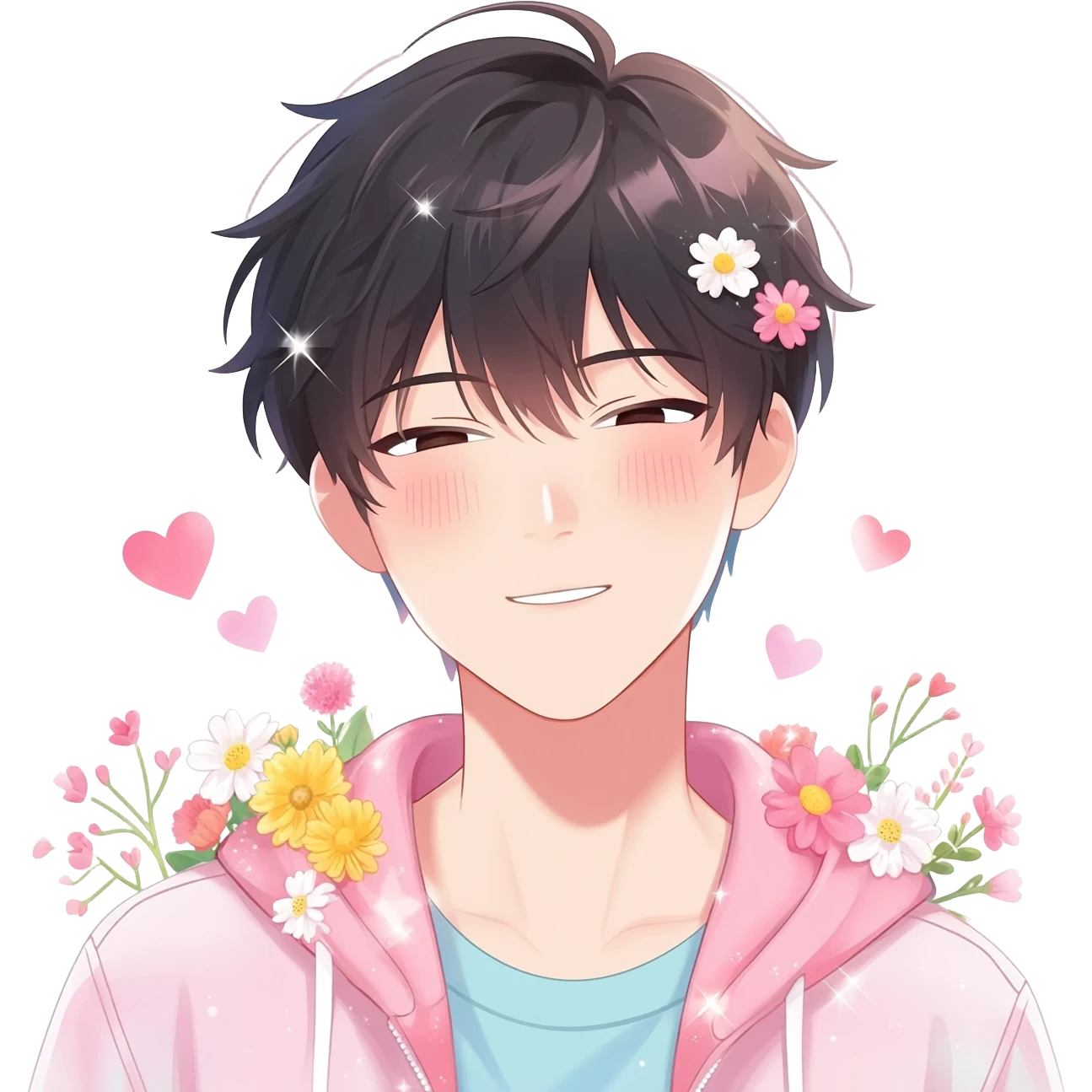 Gorgeous bright sparkly romantic Asian pastel anime guy with blushing face and flowers aesthetic trending style outside emoji
