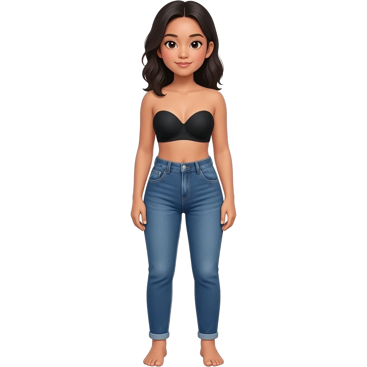 Filipino girl black bra strapless top and high waisted denim jeans  with feet stand straight body emoji