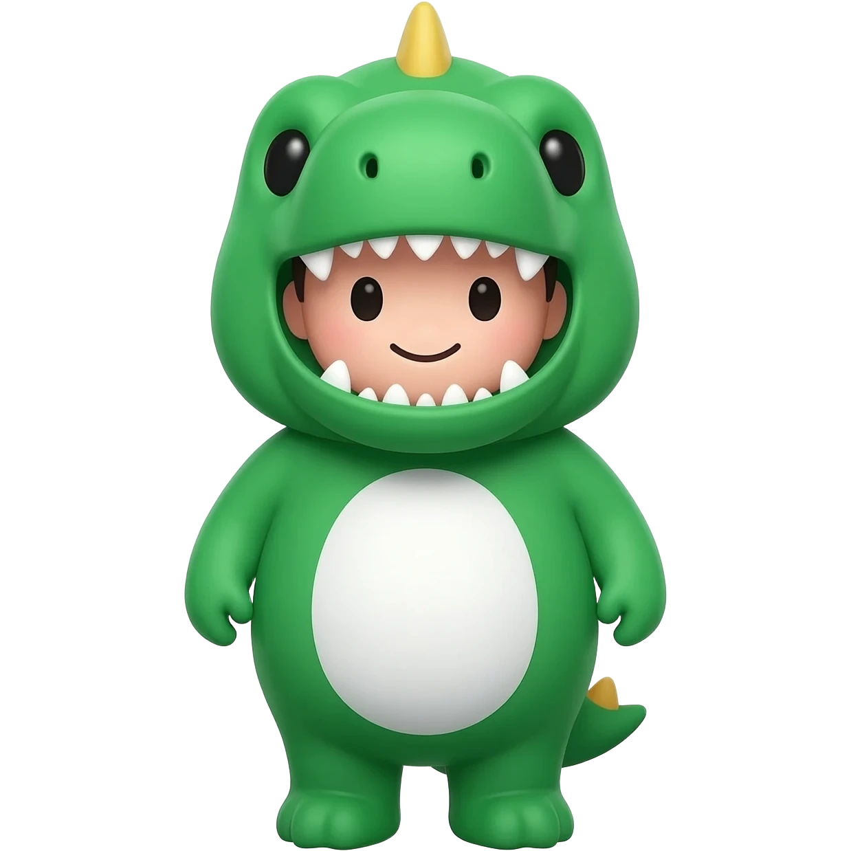 🦖 Costume
Le costume est vert vif avec un ventre blanc au centre.
Sur la tête, il a une capuche en forme de tête de dinosaure, avec de petites dents triangulaires autour du visage.
On voit aussi une petite crête ou pointe sur le dessus de la tête, pyjama
😀 Visage
Le visage est très cartoon emoji