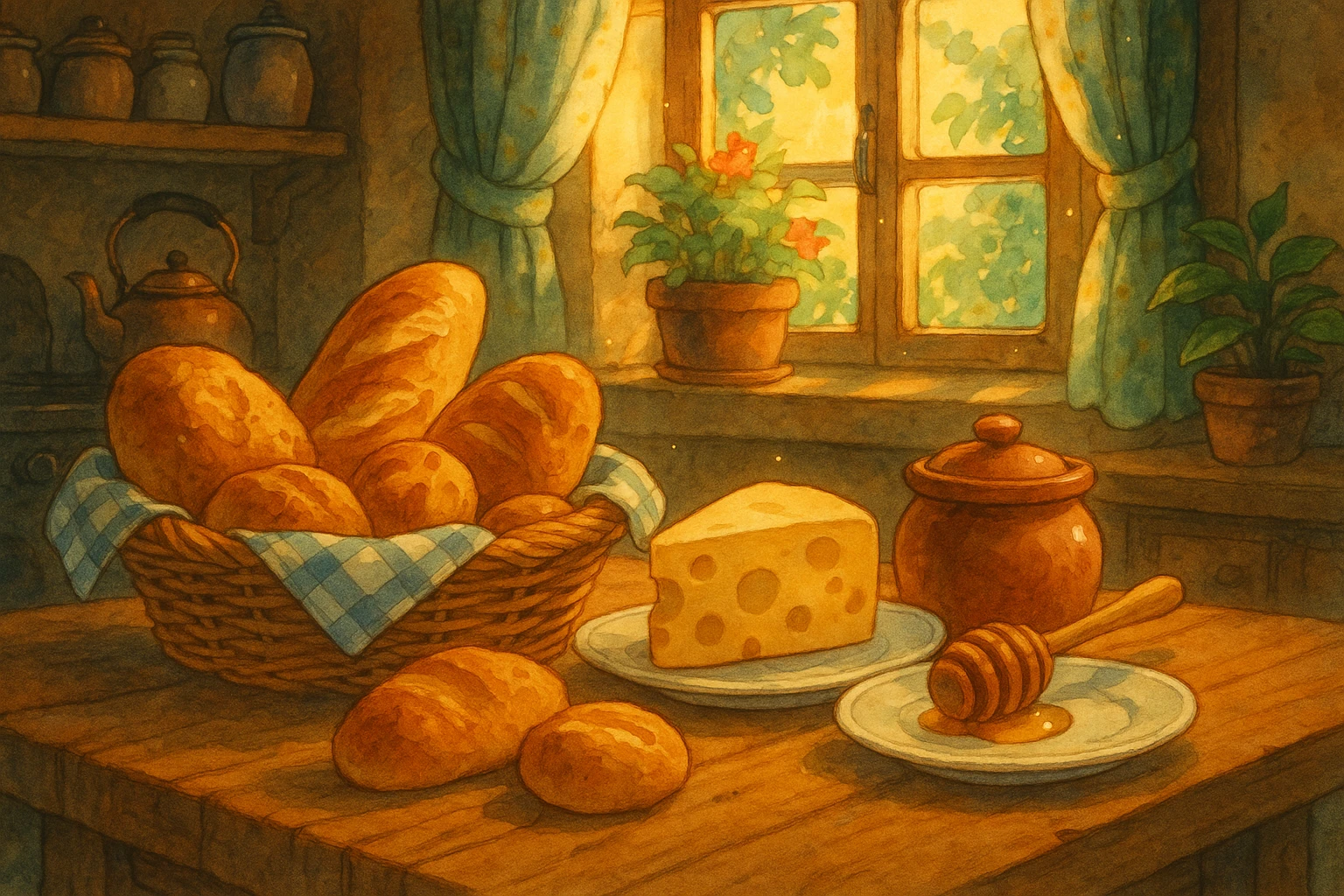 a magical Ghibli-style breakfast with a basket of fresh bread, cheese, and a small pot of honey, in a sunlit kitchen emoji
