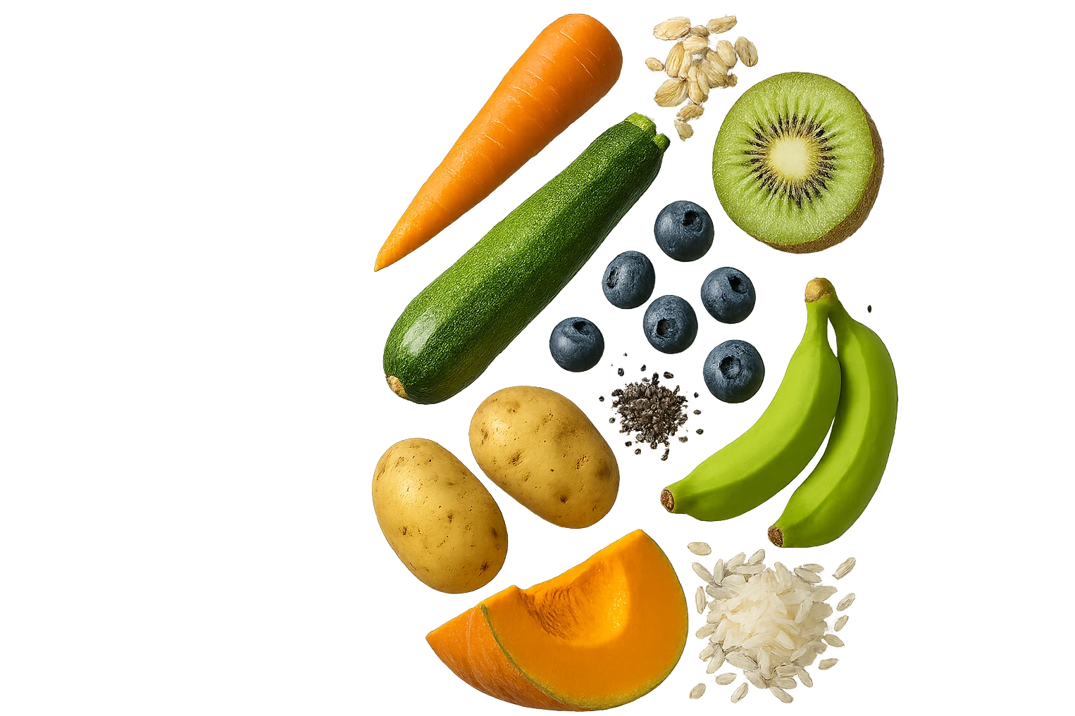 carota, fiocchi di avena, zucchine, kiwi, mirtilli, semi di chia, patate, banane acerbe, zucca, riso fluttuano in aria verticalmente, iperrealistici 4k emoji