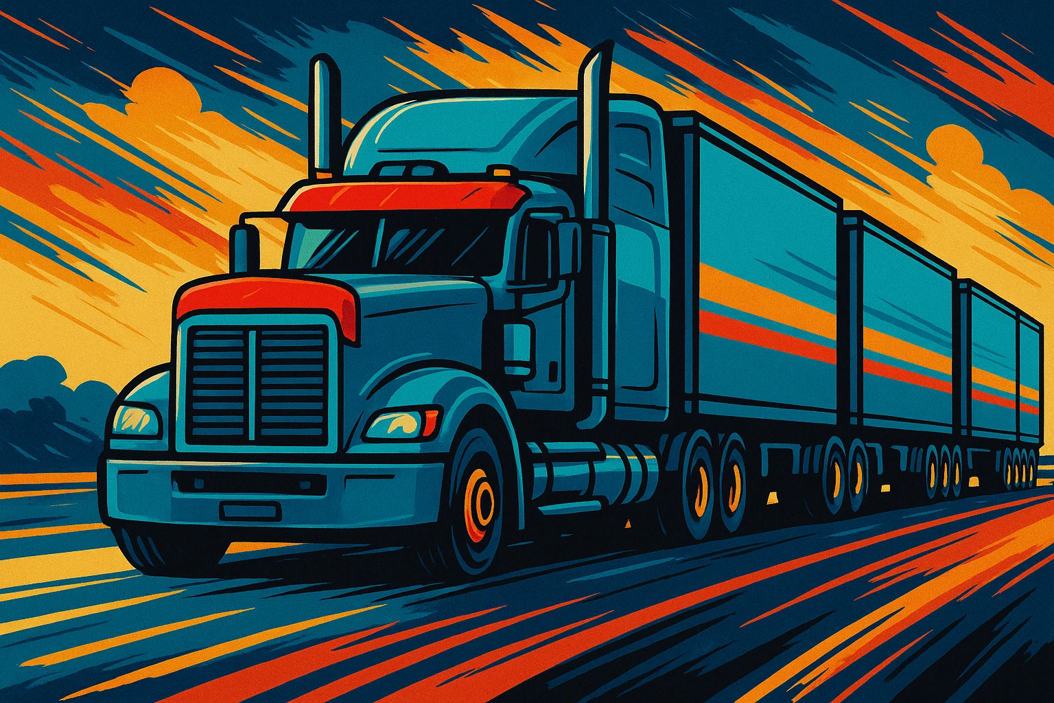 A road train: a cyan semi truck with four trailers, red bug shield, stylized and bold. emoji