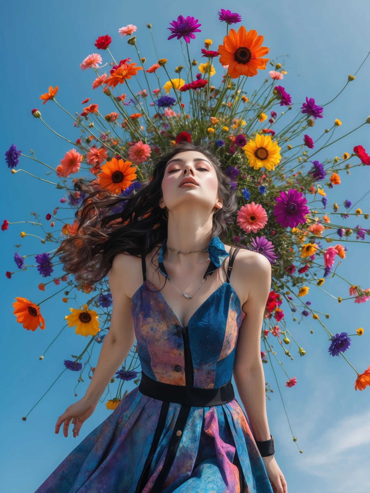 Closeup photo of a woman falling around explosion of a colorfull flowers wearing alternative fashion, blue sky minimalistic background emoji