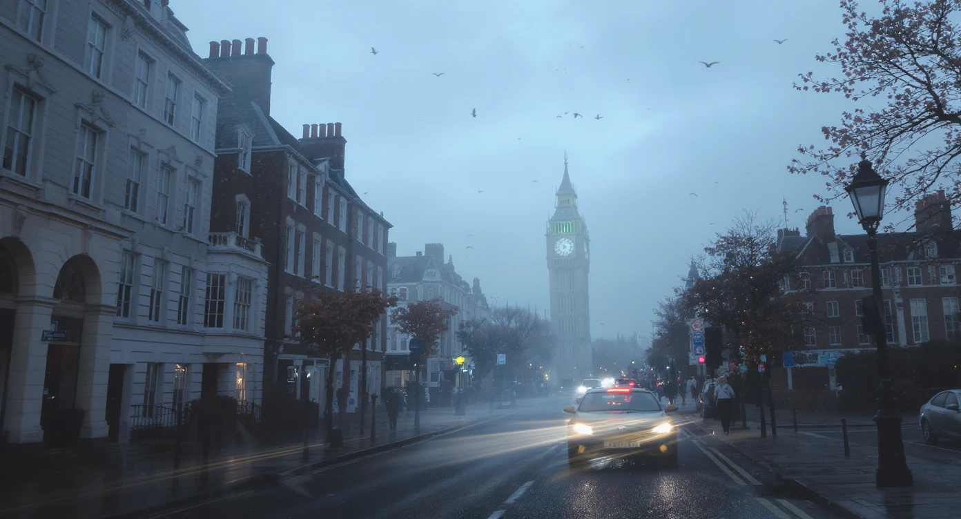 Cinematic shot of a london street, cloudy foggy day, soft light, car flying, leading lines to big ben in distance, multi composition, in foreground blurred car, on second street around UK bulding, od another plan in distance big ben, birds flying, artistic look, captured on arri alexa 35, blue hour emoji