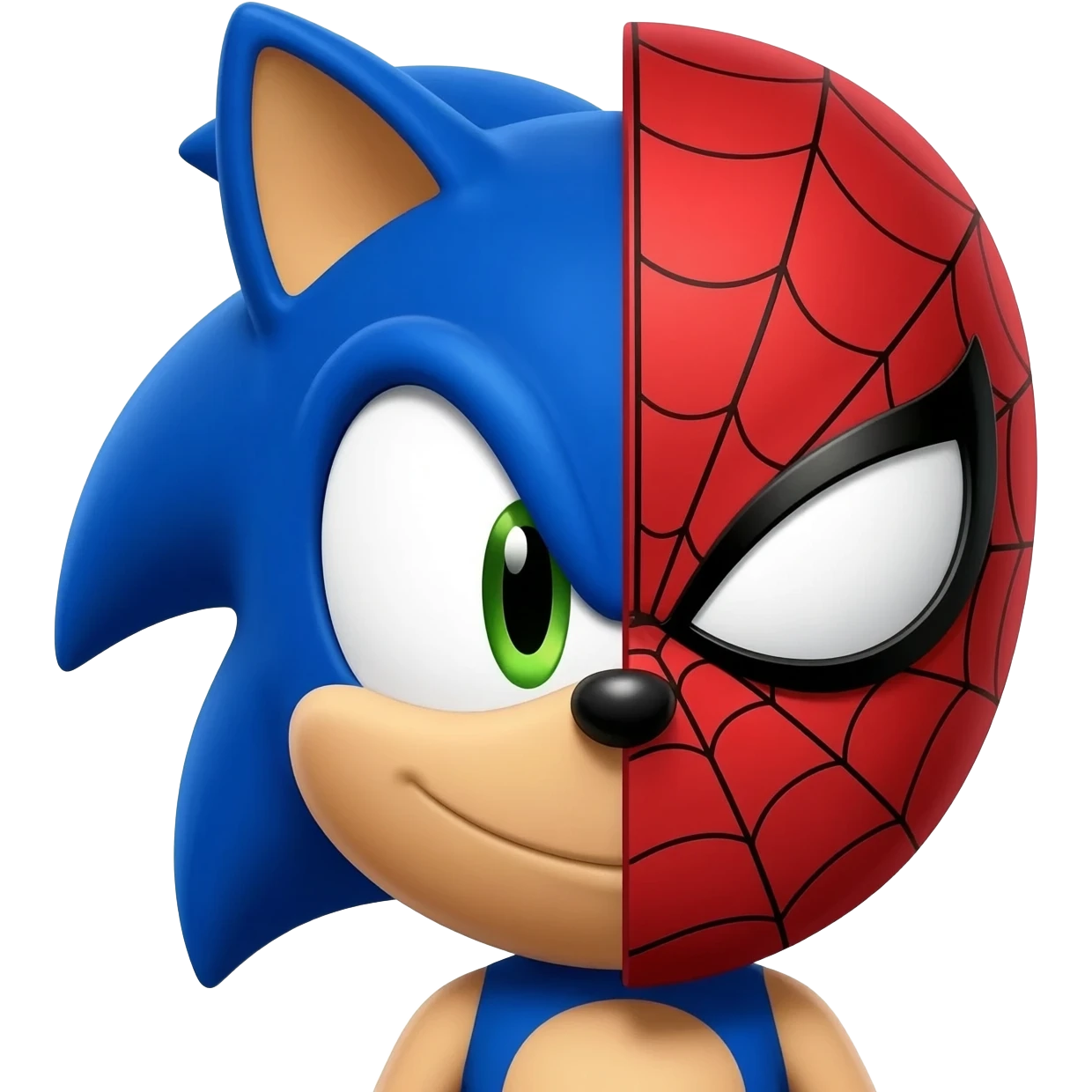 A split-face head, half Sonic the Hedgehog and half spiderman emoji