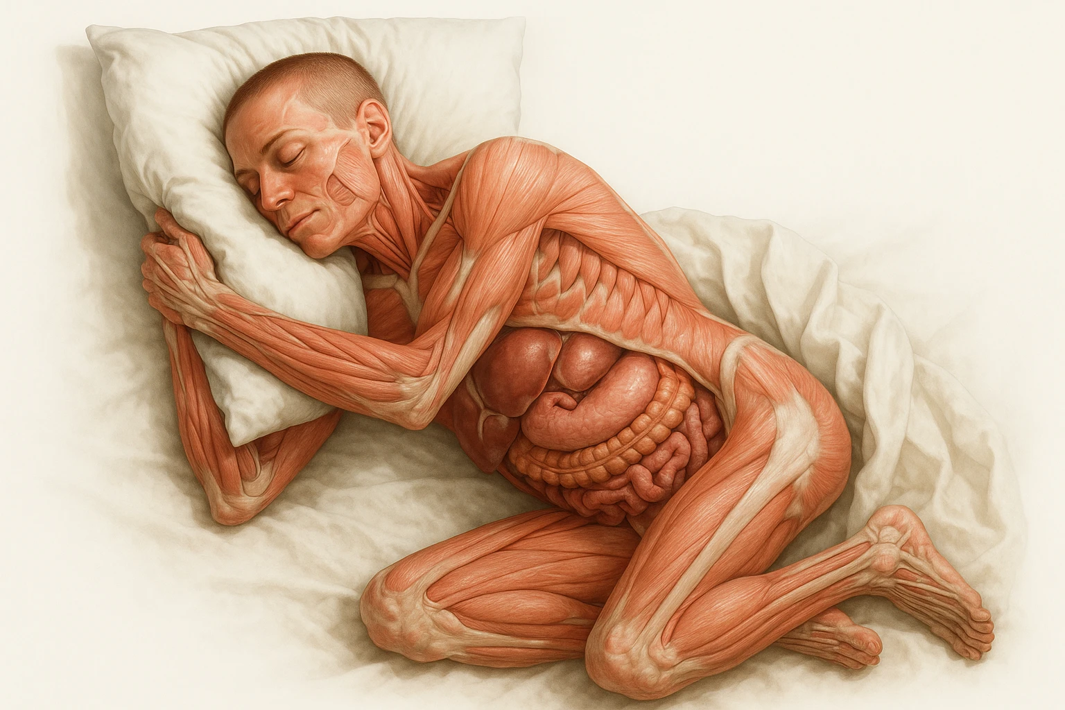 corpo umano anatomico con capelli corti che dorme sereno abbracciato al cuscino, muscoli e organi in evidenza, sta nel letto con l'espressione rilassata, visto dall'alto, iperrealistica 4k, isolato su sfondo bianco emoji
