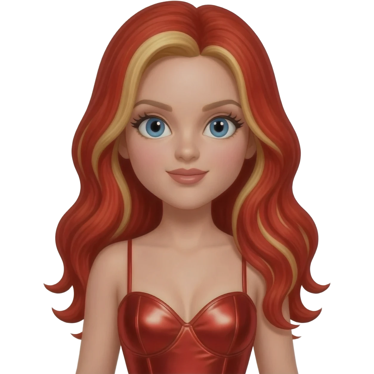 Baby Spice from Spice Girls with blue eyes, long red hair with blonde highlights, red metallic sweetheart dress emoji
