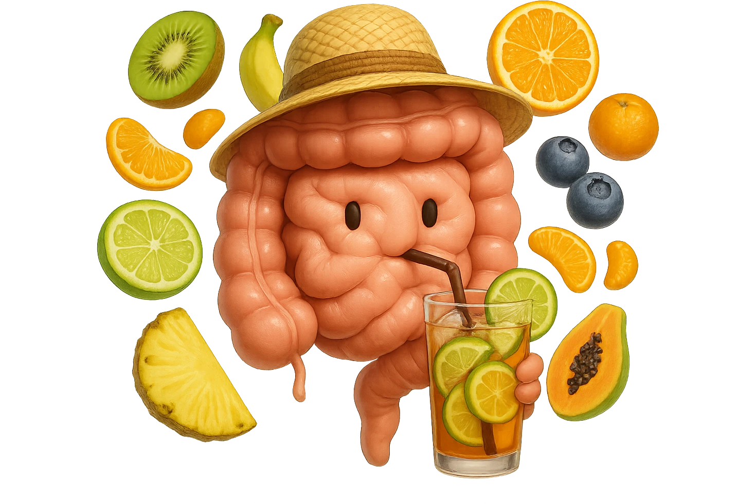 EMOJI STILE IPHONE DI INTESTINO UMANO REALISTICO CON CAPPELLO DI PAGLIA DA SPIAGGIA CHE BEVE UN Tè FREDDO IN BICCHIERE DI VETRO CON DENTRO  fette di cetriolo, limone, lime, DIETRO L'INTESTINO FLUTTUANO PEZZETTI DI Kiwi
Banana acerba
Arance e mandarini
Mirtilli
Ananas
Papaya
IPERREALISTICO 4K emoji